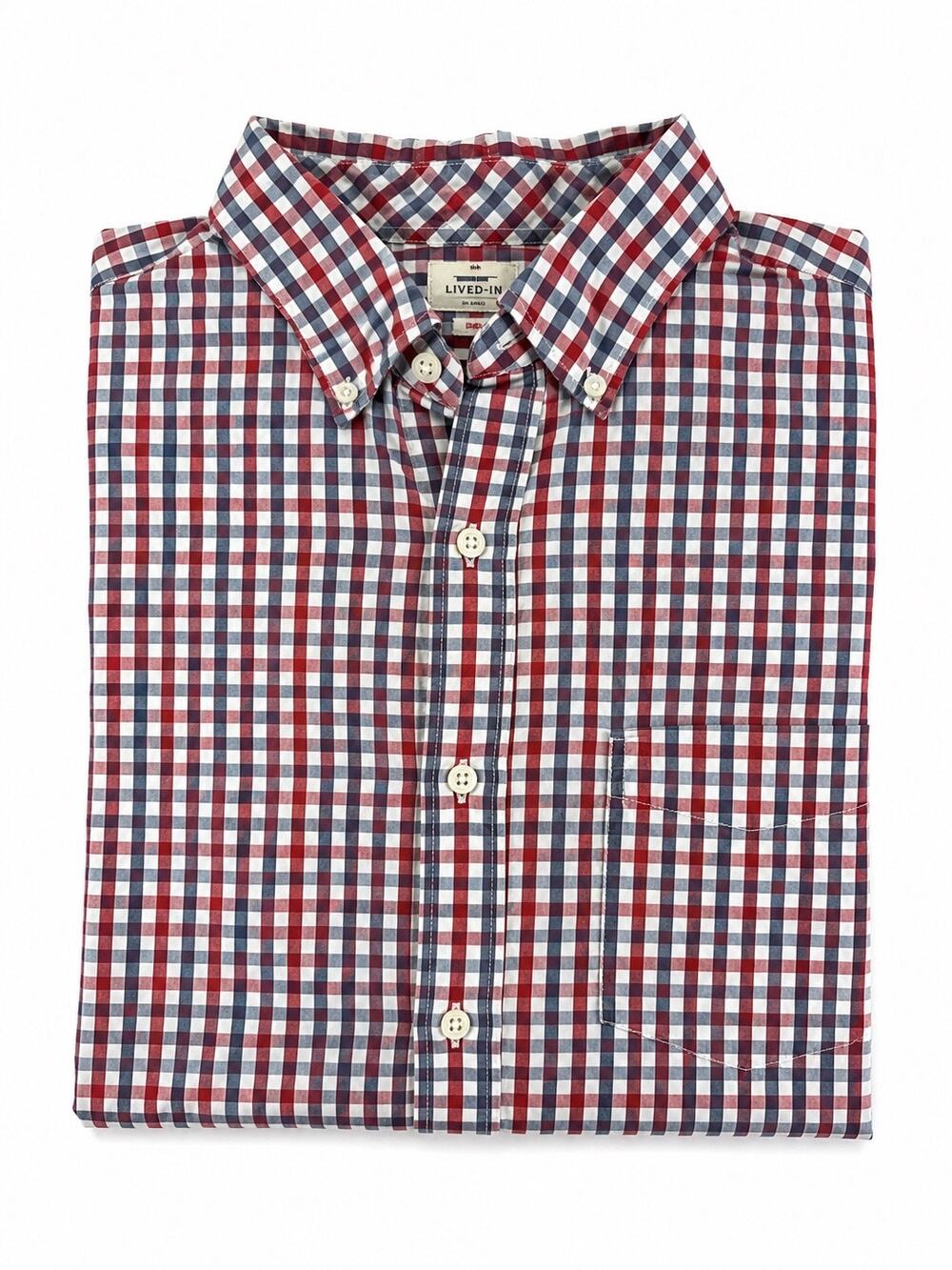 Gap Lived-In Button Down Men Large Red Blue White Gingham Plaid Long Sleeve